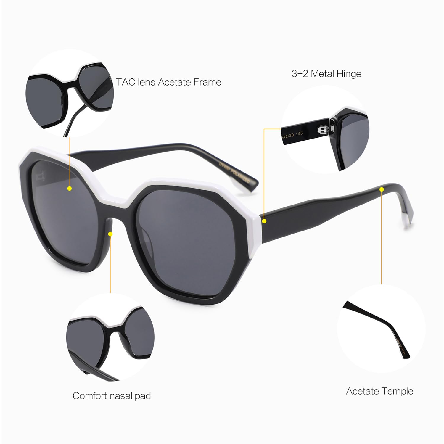 Modische polarisierte Acetat-Sonnenbrille für Damen mit polygonalen übergroßen Rahmen und UV-Schutz