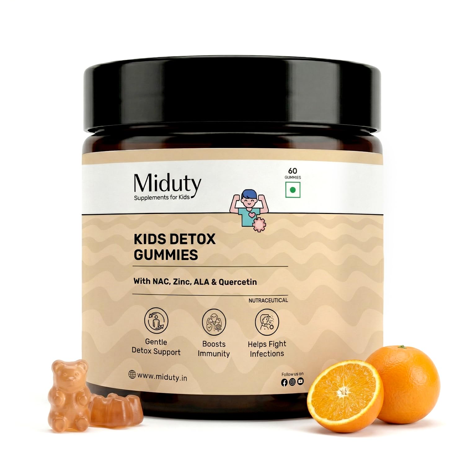 Miduty Kids Detox Gummies - NAC for Kids - Quercetin, ALA, Zinc, Selenium & Iodine - Gentle Detox, Immunity, Thyroid Health & Allergies Support - No Added Sugar - Natural Orange Flavor - 60 Gummies-image-32