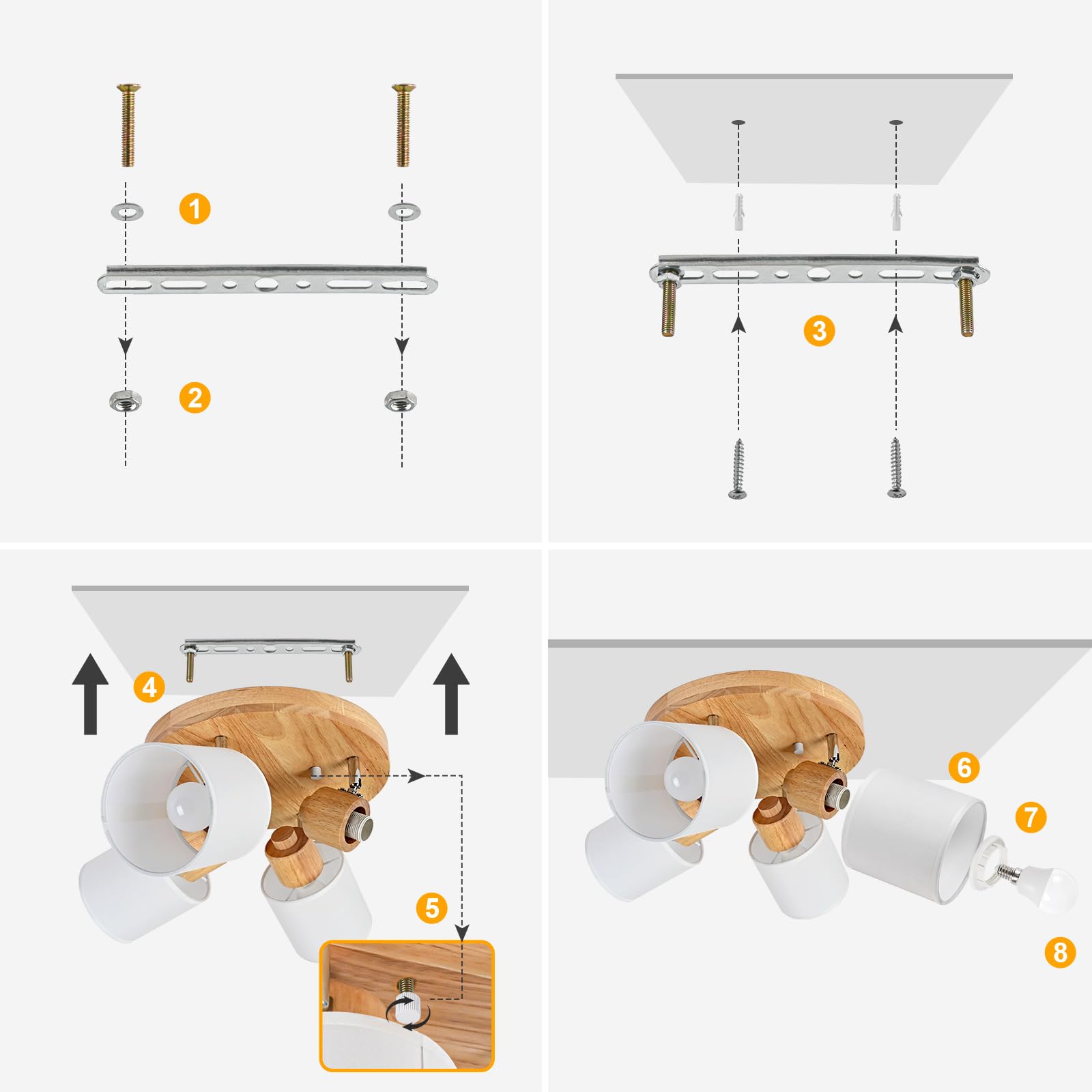 Plafoniera Lampada da Soffitto 4 Faretti Rotonda Orientabili, Legno Faretti da Soffitto Faretto da Parete Vintage Plafoniera 4 Luce E14 per Soggiorno Cucina Cameretta, Lampadina Non Inclusa