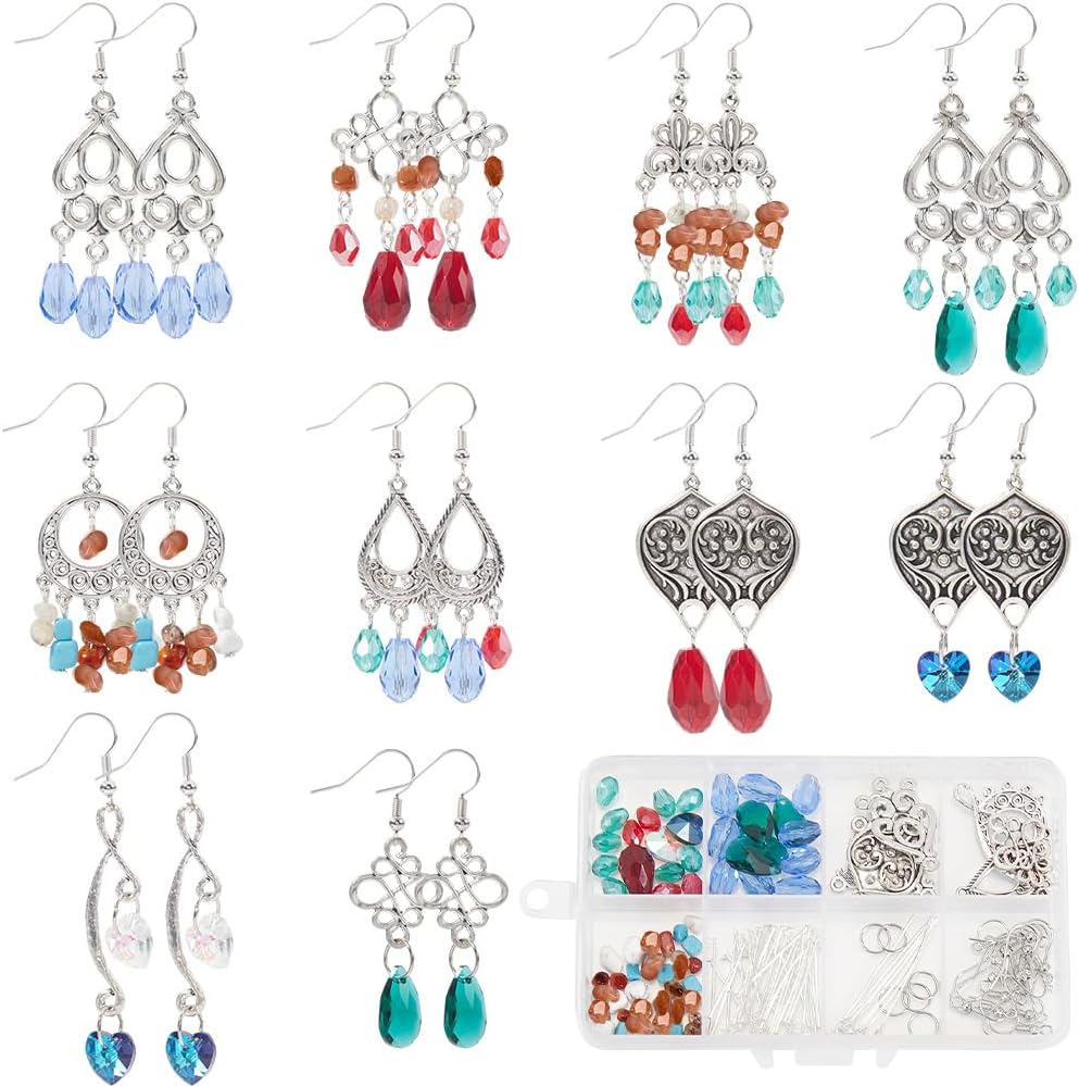 SUNNYCLUE 1 Box 10 Pairs Boho Earring Making Kit Chandelier Bead Earrings for Women Dangle Trendy Fashion Vintage Faceted Glass Bead Bohemian Jewelry Set Christams Festival Wedding Party Birthday Gift