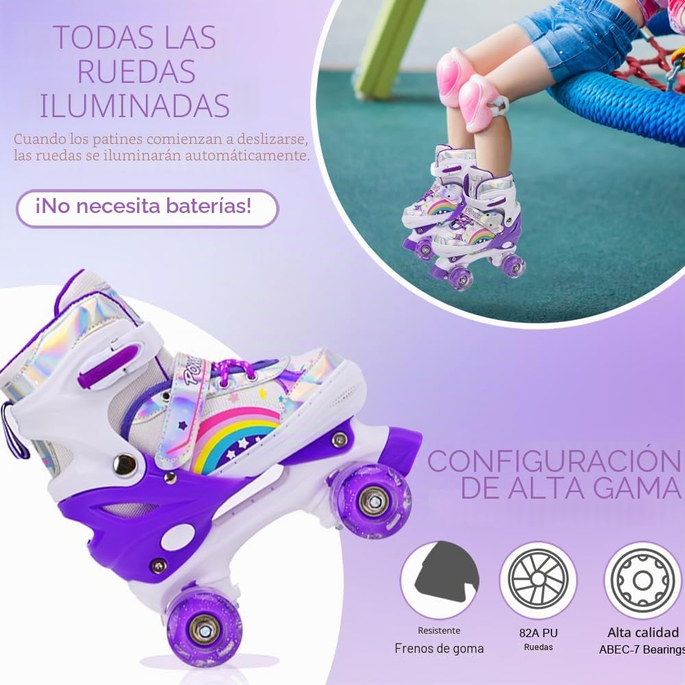Patines para niños y niñas, Ajustables en 4 tamaños para niños y Principiantes, Patines de Ruedas para Deportes Violeta Arco Iris