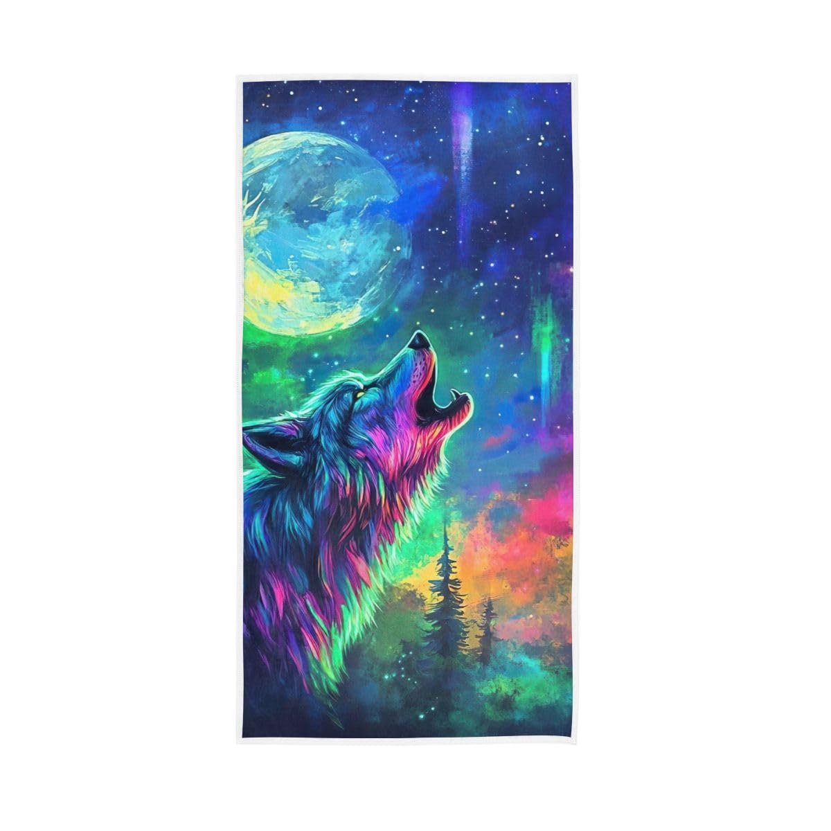 LSRCPD Colorful Neon Wolf Howling at Moon Hand Towel, Farmhouse Hand Towels Bathroom 15 x 30 Inches