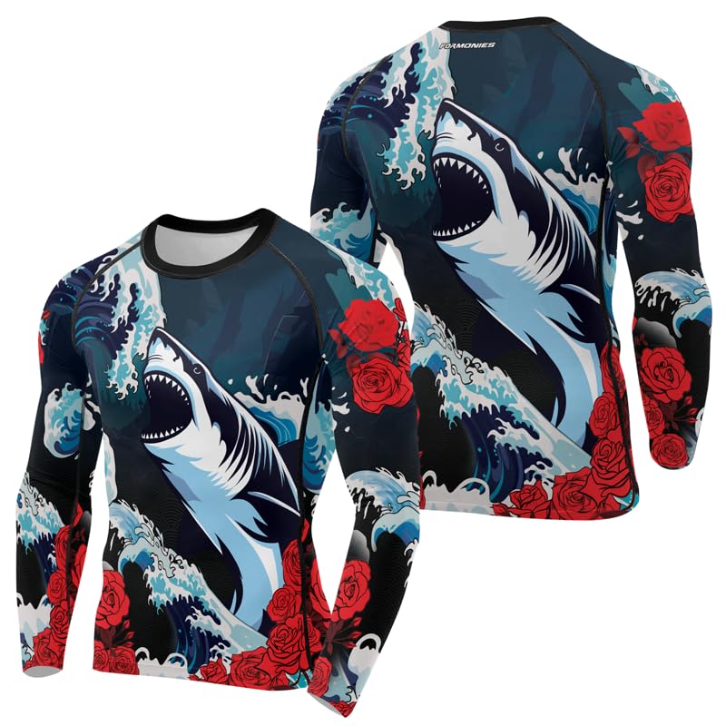 Shark Rash Guard BJJ Long Sleeve Men's Compression Shirt for MMA Jiu Jitsu No Gi Grappling