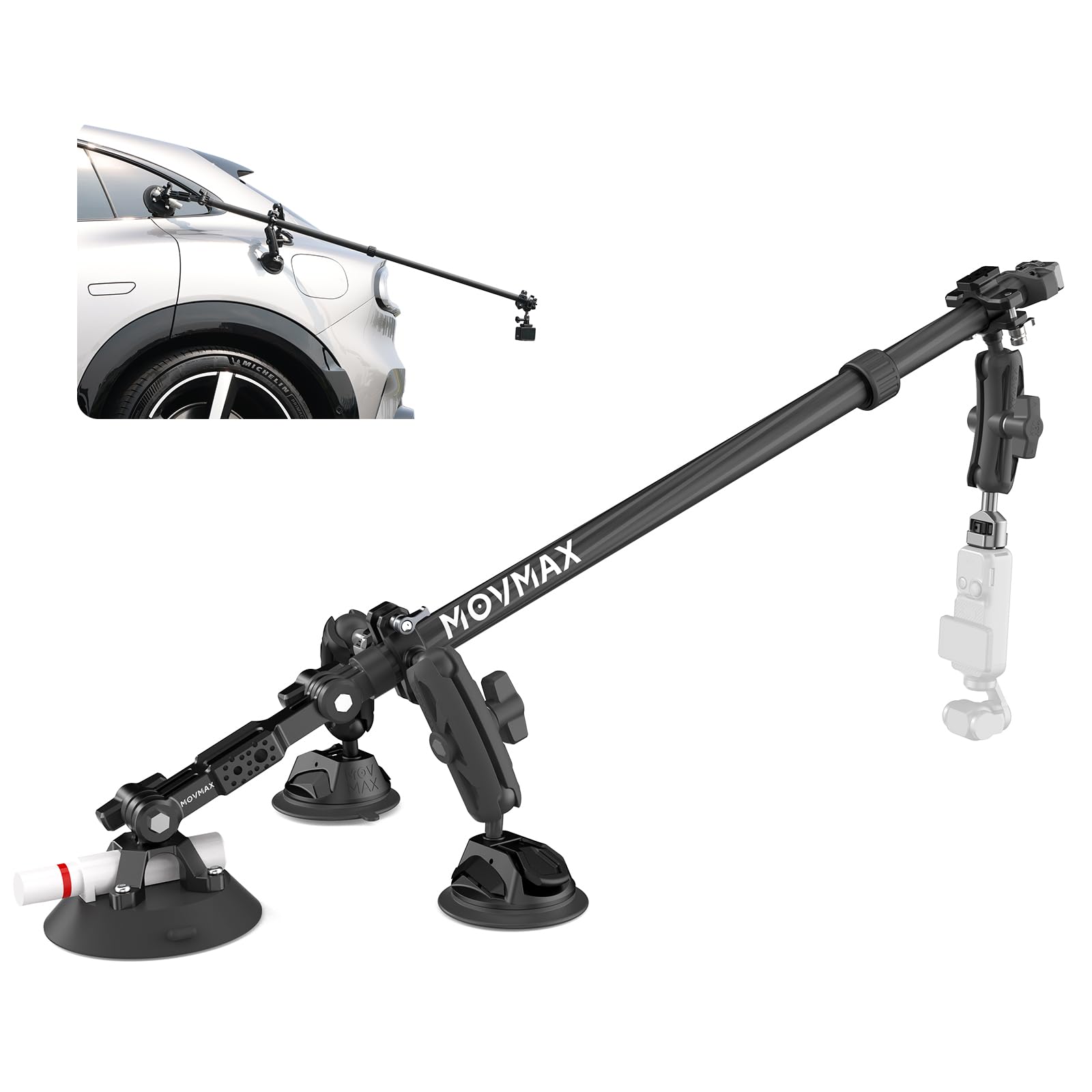 Movmax 3 in1 Suction Cup Car Mount with Carbon Fiber Stick(4.46ft),Triple Suction Cup Kit with 360° Magic Arm,Compatible with DJI Osmo Pocket 4/3/360/Gopro/Insta360/Action Camera,Quick Release