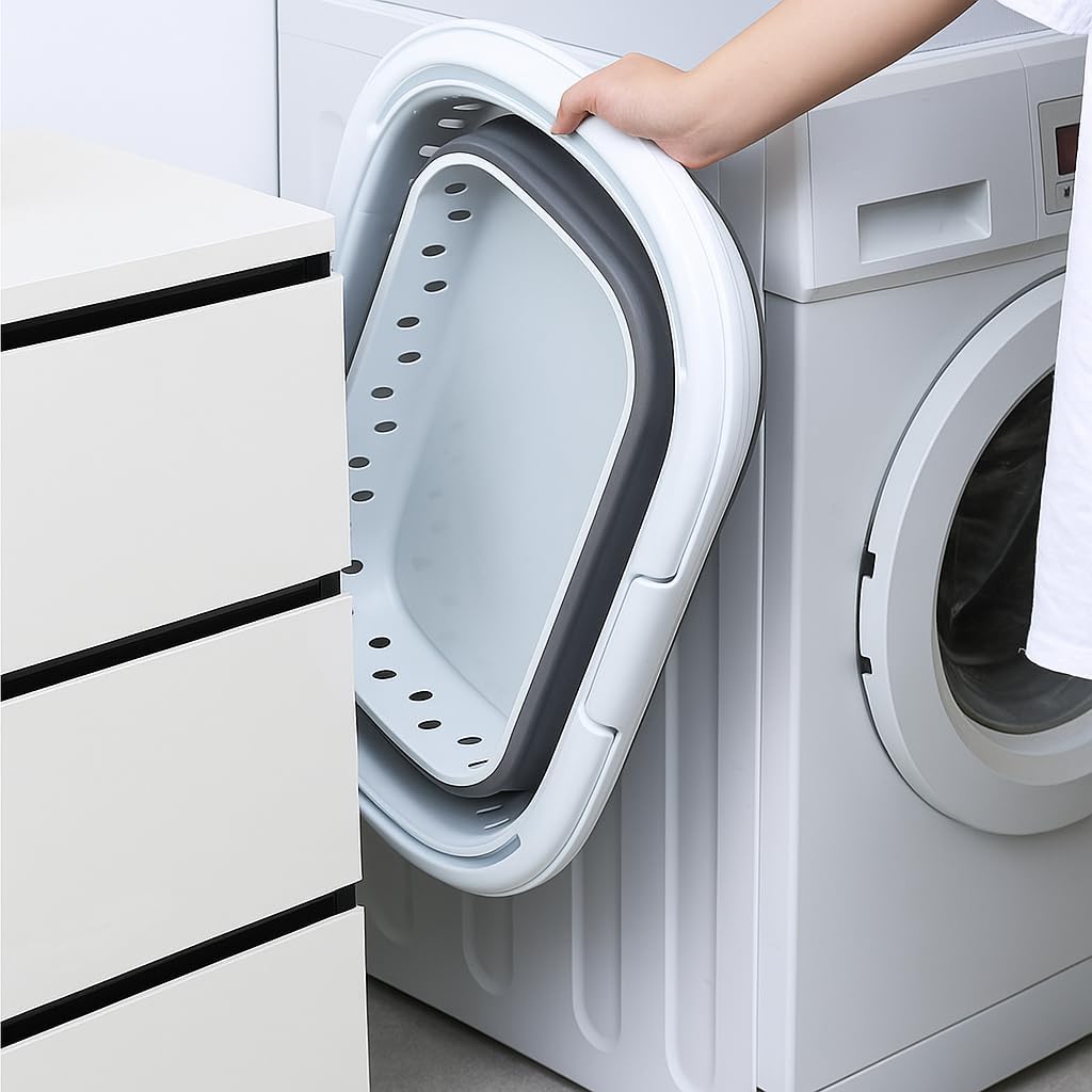 Collapsible Plastic Laundry Basket with Handles, 32L Foldable Large-Capacity Laundry Hamper, Pop Up Storage Organizer, Space Saving Hamper (32L / 8.45 Gallon, Grey)