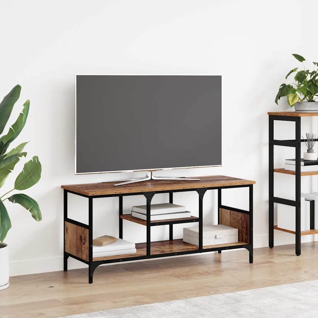 Mobile porta TV in legno vecchio con struttura in metallo nero 100 x 35 x 45 cm, 3 scaffali, supporto robusto per soggiorno, consolle salvaspazio con mensole e ripiani per organizzare