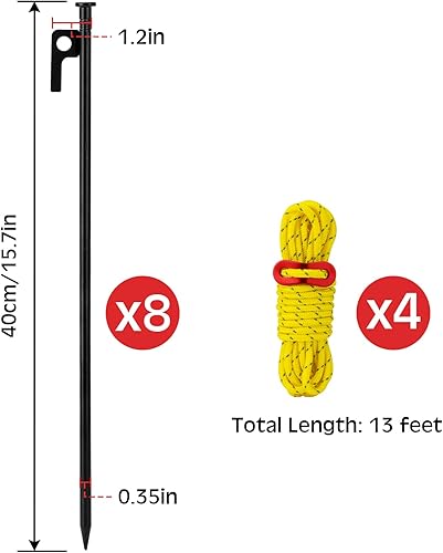Miniatura 2 de 8 estacas de tienda de campaña de 16 pulgadas resistentes con 4 estacas reflectantes de 13 pies para lona de acero forjado para acampar al aire