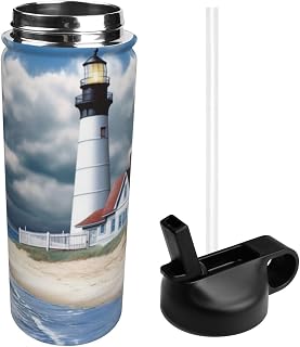 18oz Lighthouse Insulated Water Bottles With Straw, Beach Steel Double Walled Vacuum Sports Water Bottle for Travel