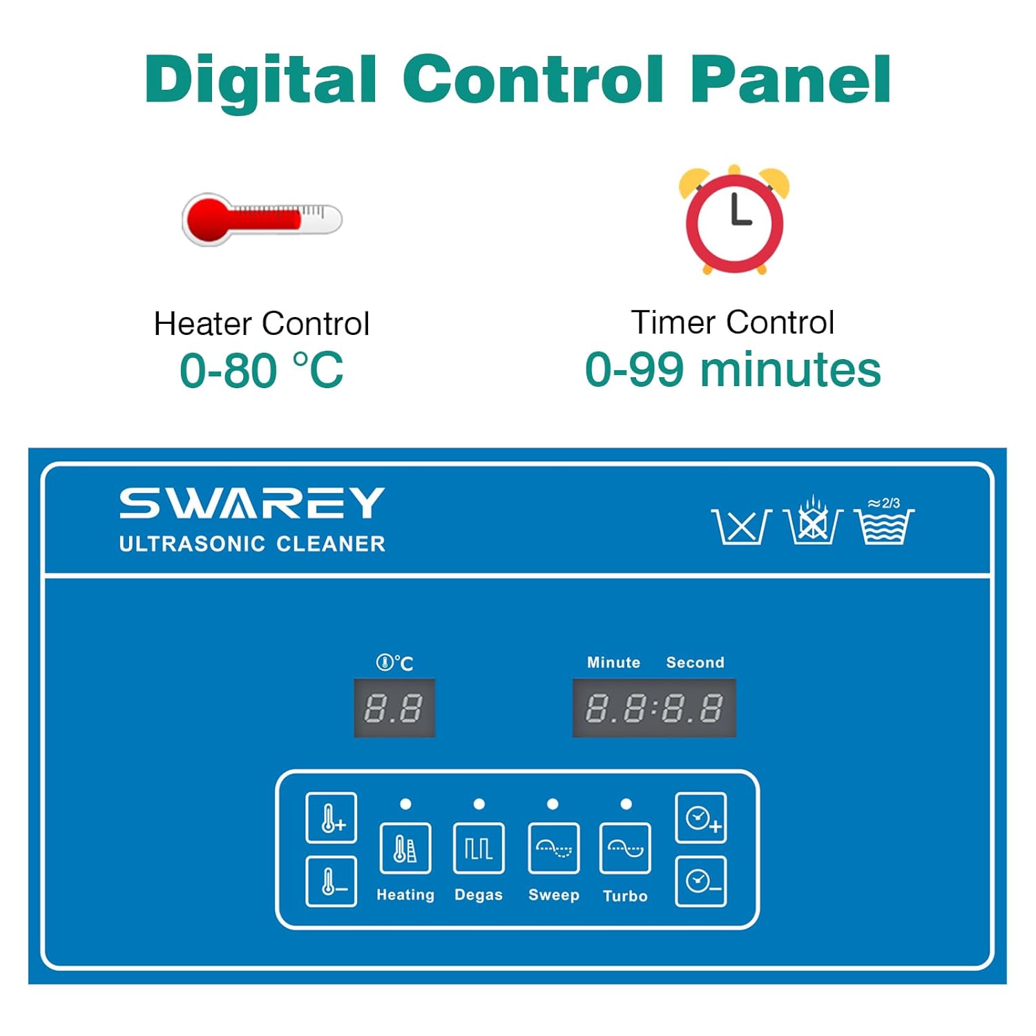 Close-up of the SWAREY Ultrasonic Cleaner's digital control panel