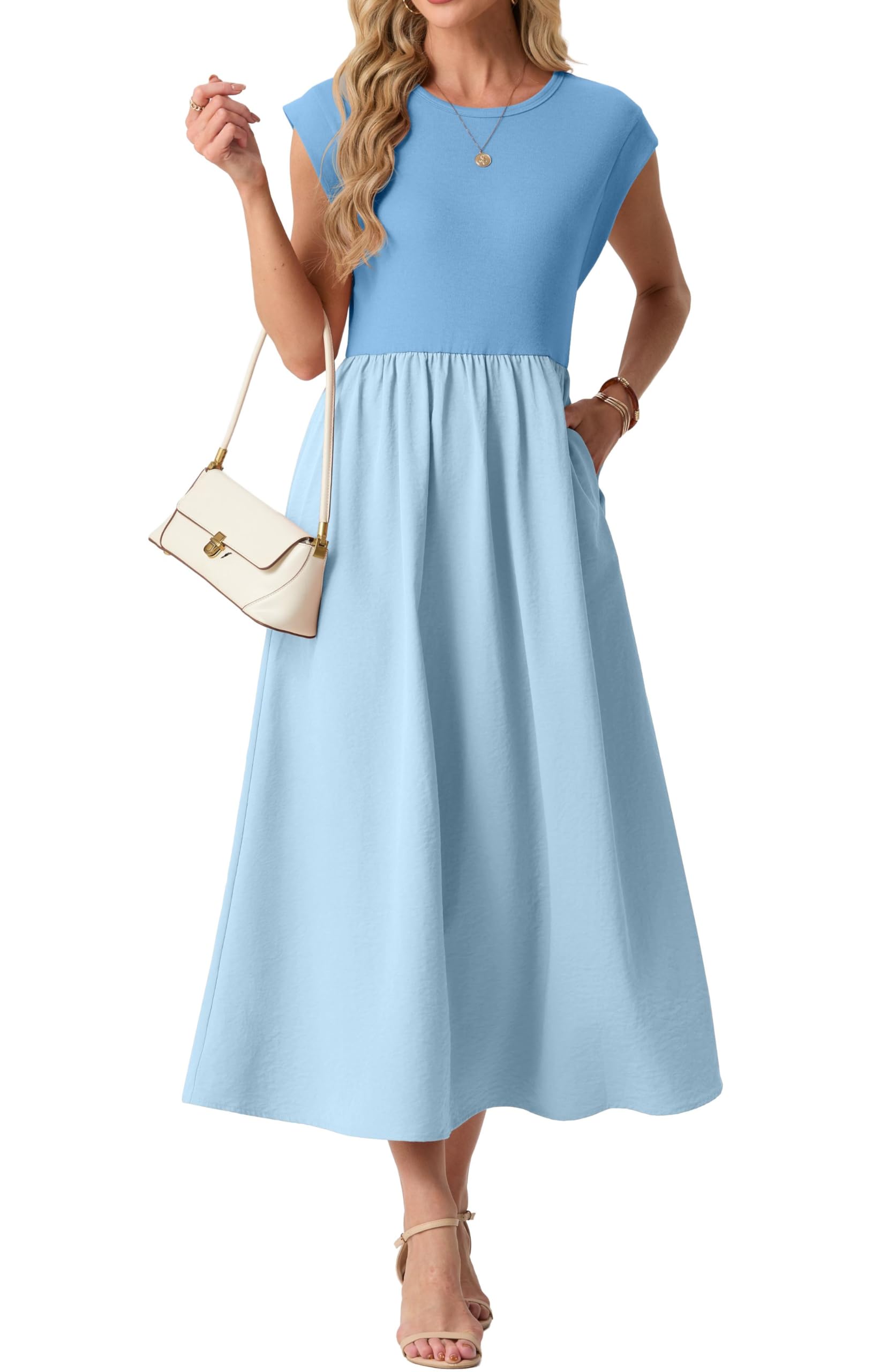GRECERELLE Letnie sukienki dla kobiet UK Cap Sleeve damskie sukienki maxi elegancka sukienka midi o linii A Casual długie sukienki z kieszeniami na święta i do noszenia na co dzień