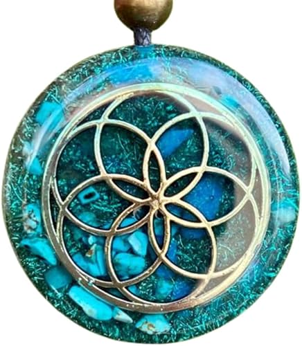 Orgone Necklace by Seed of Life - Healing Crystals Stones - Protection - SBB Coil-Orgonite Pendant Gems Turquoise, Moonstone, Rose Quartz,