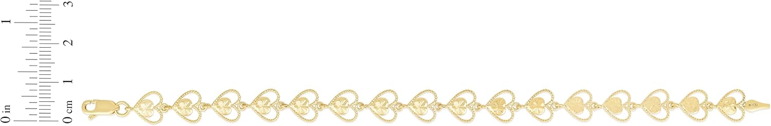 Floreo 10k Yellow Gold Filigree Open Heart Shape with Heart Diamond Cut Finish Link Bracelet