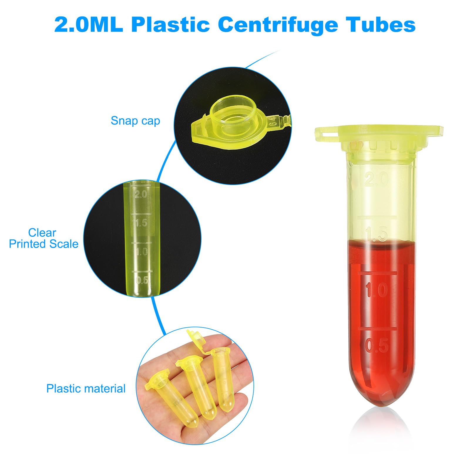 PATIKIL 2ML Tubos De Centrífuga De Plástico 1000 Pcs Tubo De Centrífuga De Fondo Redondo Con Tapa A Presión Y Marcas Graduadas Para Muestras De Laboratorio Amarillo