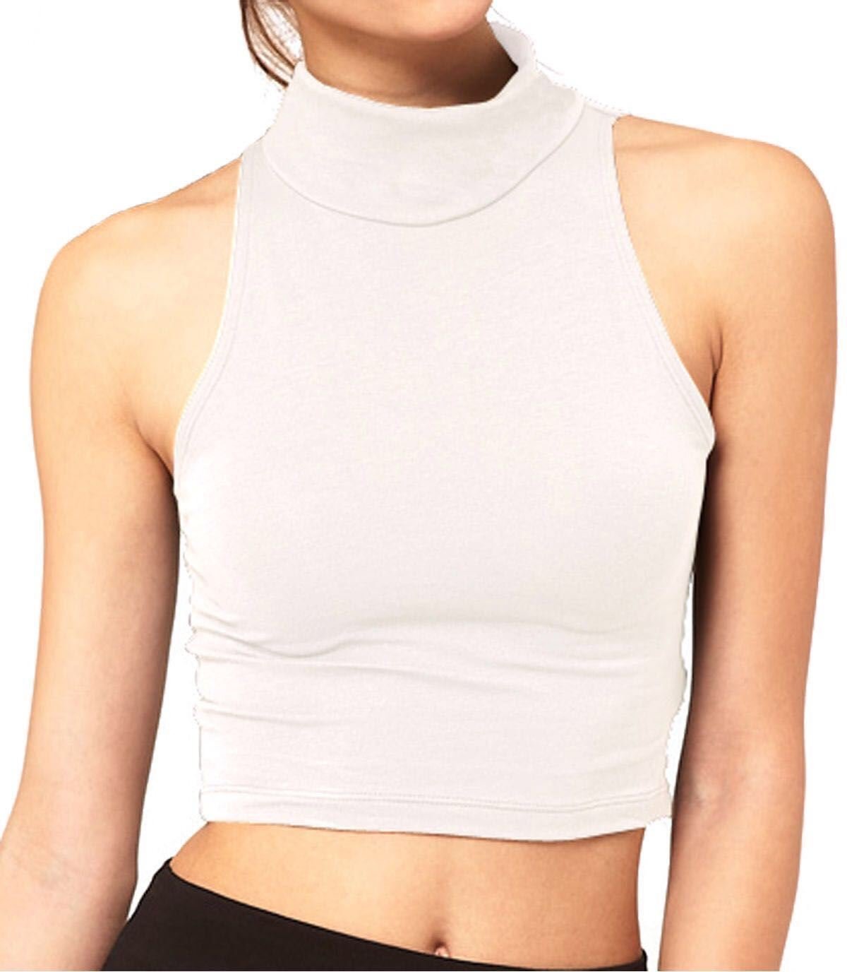 WearAll Womens Turtle Neck Crop Ladies Short Plain Sleeveless Polo Look Vest Top - Cream - 12/14