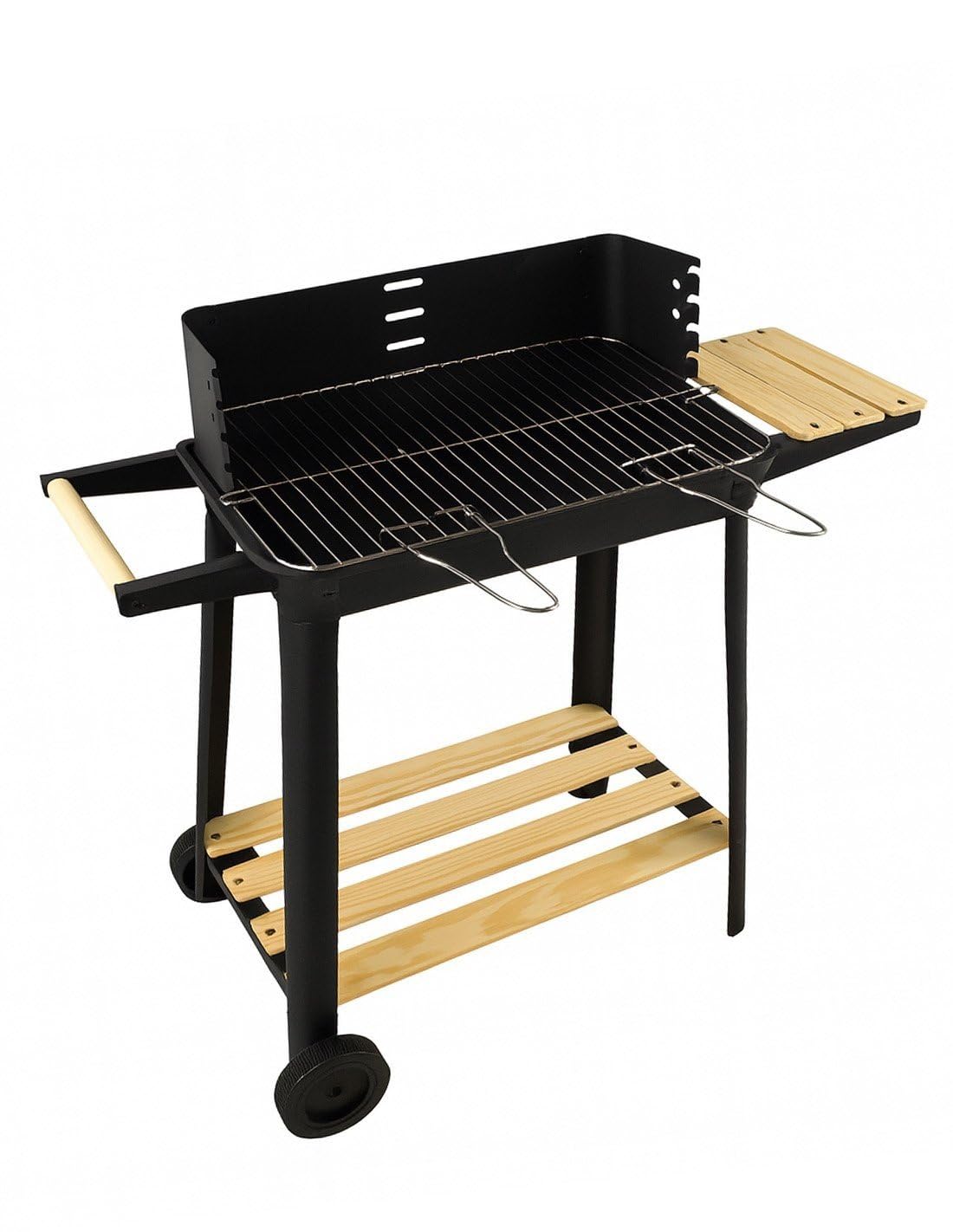 JARDIN202 - Barbacoa Rectangular de Carbón con Parrilla Cromada Arizona | Ruedas para Transporte | Bandeja de Madera | Grill Exterior | (Negro)