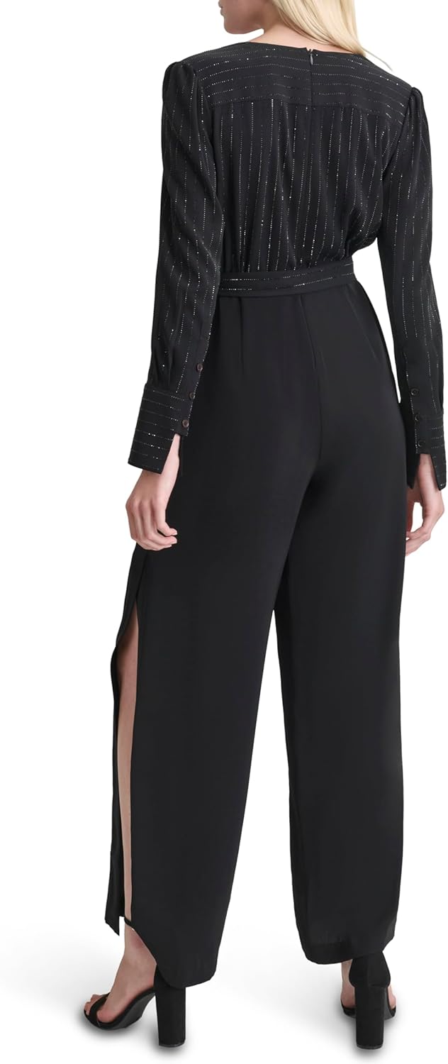 DKNY womens Long Sleeve Surplice Neck Wide Leg Removable Belt Full Length Jumpsuit - Image 4