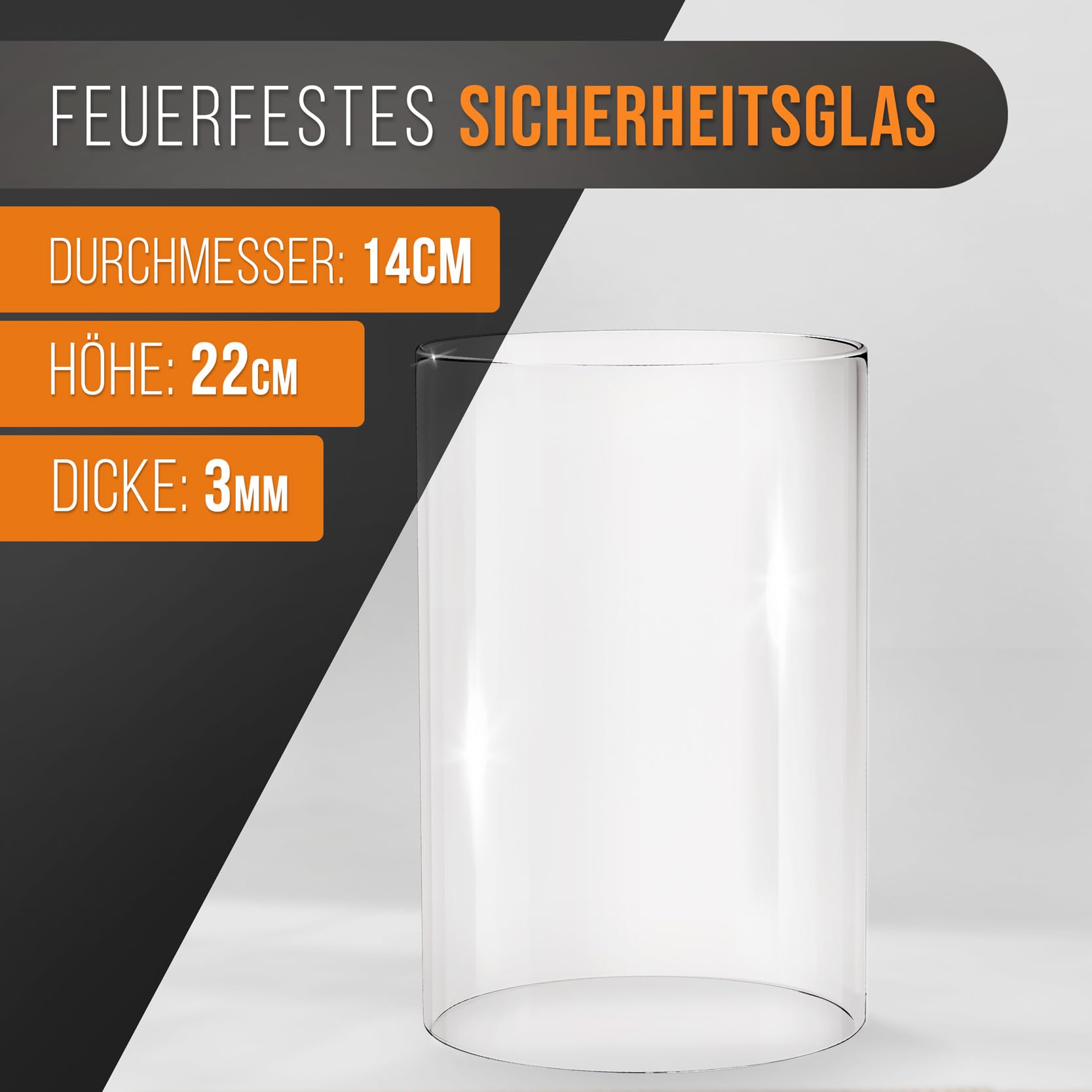 flammtal - Ersatzglas für Bioethanol Tischkamin - Feuerfester Glaszylinder [Ø 14 cm/Höhe 22cm] - Kompatibel mit flammtal, Edelfeld & weiteren Ethanol Tischkaminen - Hitzeresistentes Borosilikatglas