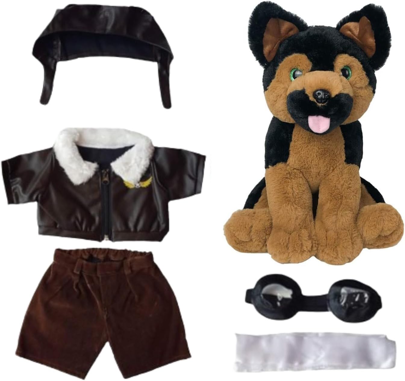 Duke The German Shepherd with Pilot Outfit Helmet Goggles and Scarf, 16 Inch Stuffed Animal Pilot Outfit Aviator Uniform, Soft Plush Toy for Graduation Day and Summers
