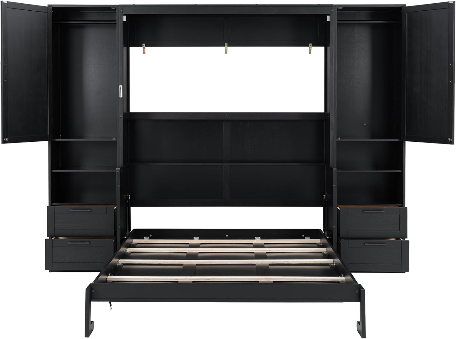 Queen Size Murphy Bed Wall Bed with Desk and Closet,Drawers and Shelves,for Small Spaces Studio Study Office Guest Room Use (Black#Desk, Queen)