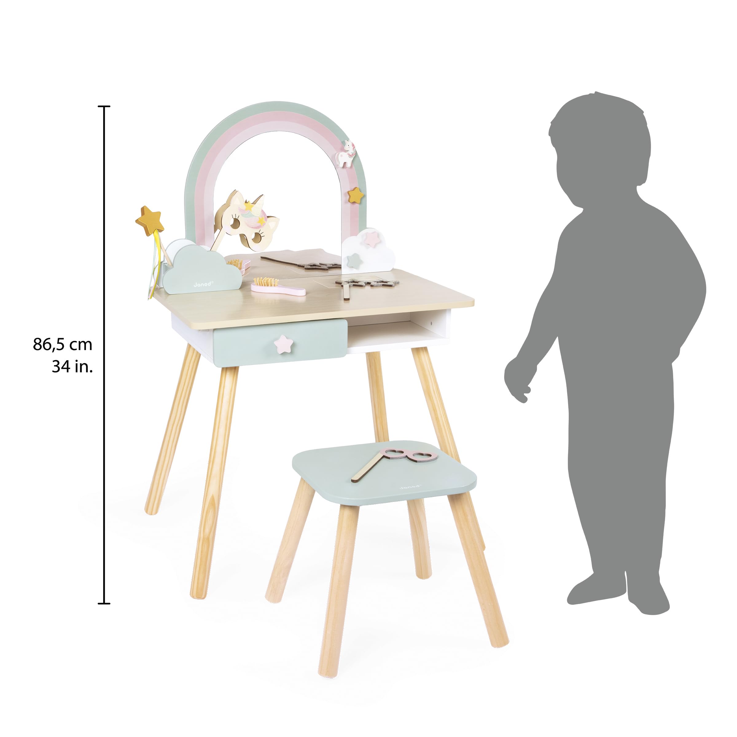 Janod - Coiffeuse Enfant Fille - Thème Licorne - Jeu d'imitation - Coiffeuse avec Miroir et Tabouret Jouet - 10 Accessoires - Dim 56,6 x 42,5 x 86,25 cm - Dès 3 Ans - J06464