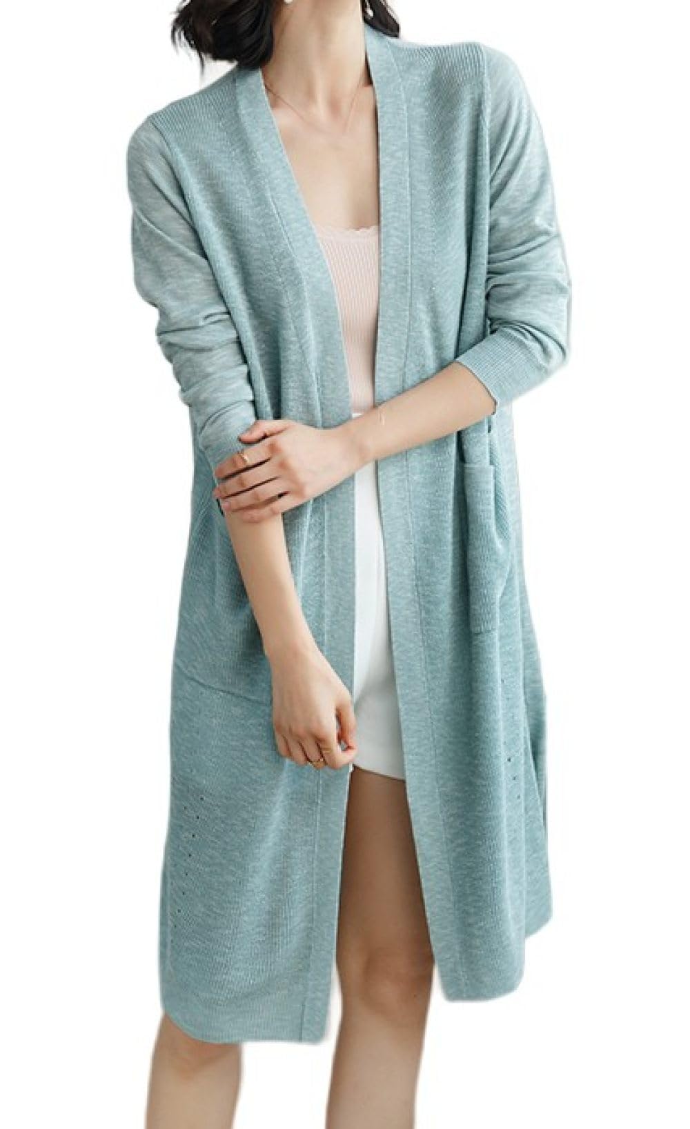 Damen Strickjacken elegant vorne offen Kimono Cardigan leicht langärmelig Taschen Mantel lässig Trench Übergangsjacke Abendparty Achselzucken Schaloberteile