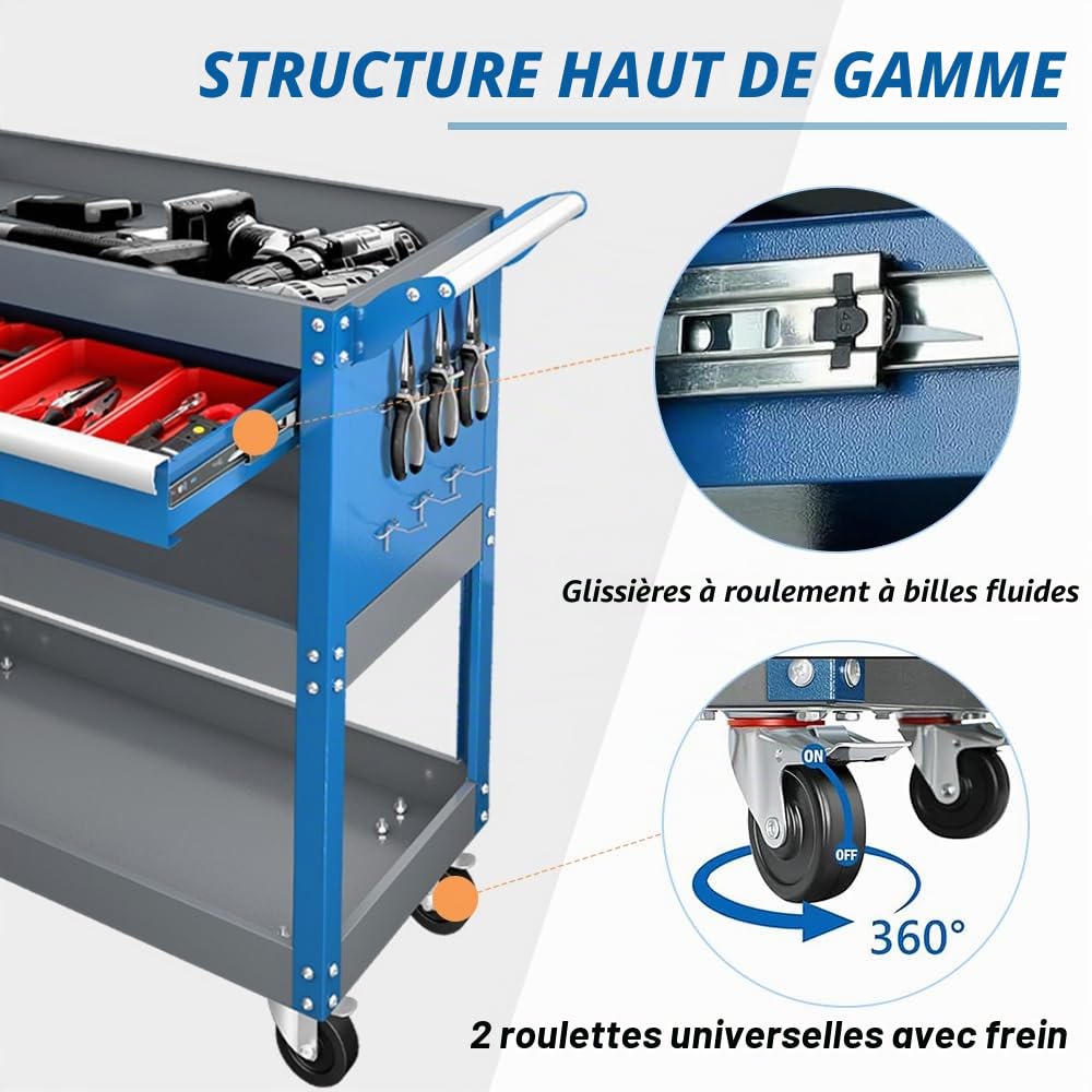 AIRAJ Chariot à Outils à 3 Couches, 78 x 35 x 70 cm, Chariot à Outils en Métal avec Grand Tiroir Verrouillable et Support, Chariot de Travail pour Outils de Transport, Capacité de Charge de 200 KG