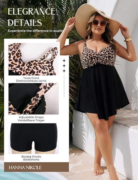 Hanna Nikole Badpak voor dames, grote maten, buikweg, badjurk, push-up, badmode, eendelige strandjurk, crossover badkleding met zwemshorts, zacht zwempak, verstelbare strandmode, zwart, 50 Grote maten