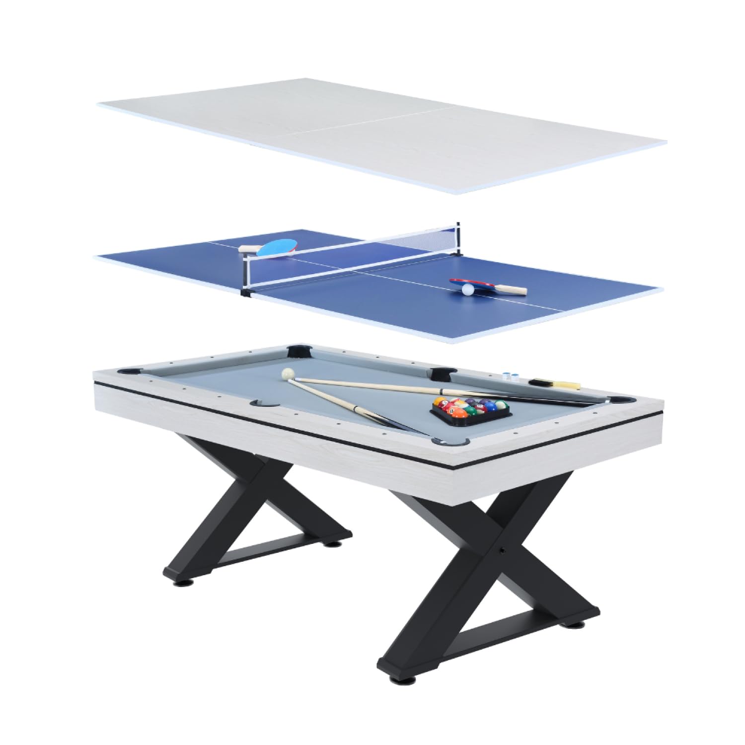 Concept-Usine | Mesa multijuego 3 en 1 de Billar y Ping-Pong Texas + Accesorios | Diseño Moderno de Madera Blanca | Mesa de Juego o Comedor | Materiales de Calidad | en Familia o Amigos