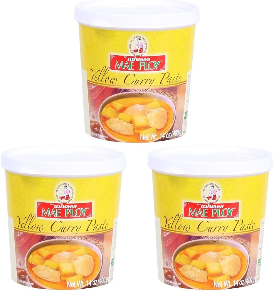 Mae Ploy Thai Yellow Curry Paste for Restaurant-Quality Curries, Aromatic Blend of Herbs, Spices & Shrimp Paste, No MSG, Preservatives or Artificial Coloring (14oz Tub) (Pack of 3)