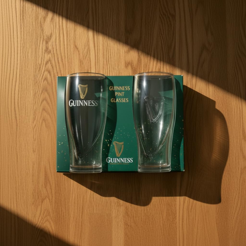 Guinness Gravity Pint Glasses 2 Pack Gift Set | 20oz Official Beer Glasses | Green Ireland Packaging | Embossed Harp Design | Ideal Gift for Beer Lovers & Home Bar