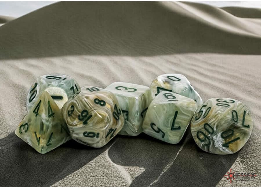 Green Marble Mega-Hedral Dice with Dark Green Colored Numbers 20mm (25/32in) Set of 7 Chessex
