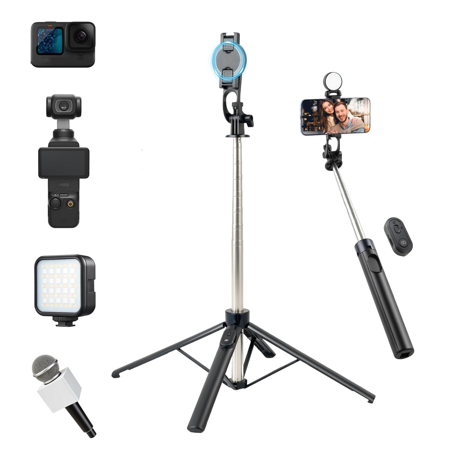 aceyoon Palo selfie extensible de 180 cm con base de 4 patas y clip magnético para teléfono
