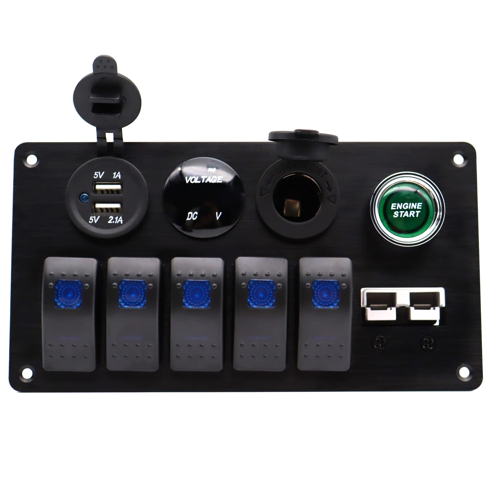 MOTONG Waterproof 12V/24V 5 Gang Rocker Switches Panel Mount with Engine Start Push Button & Dual USB Socket & LED Voltmeter & Cigarette Lighter Power
