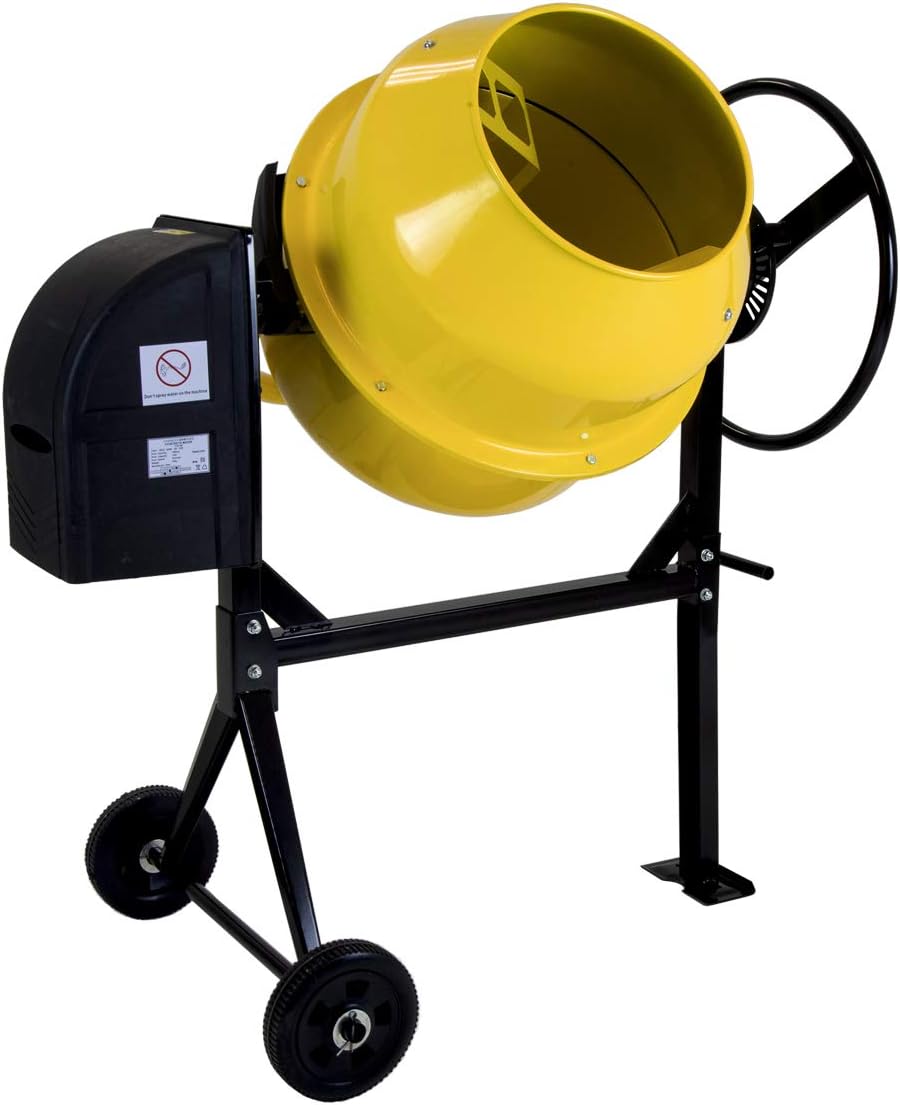 Yellow Charles Bentley 125-litre cement mixer with two wheels and stand