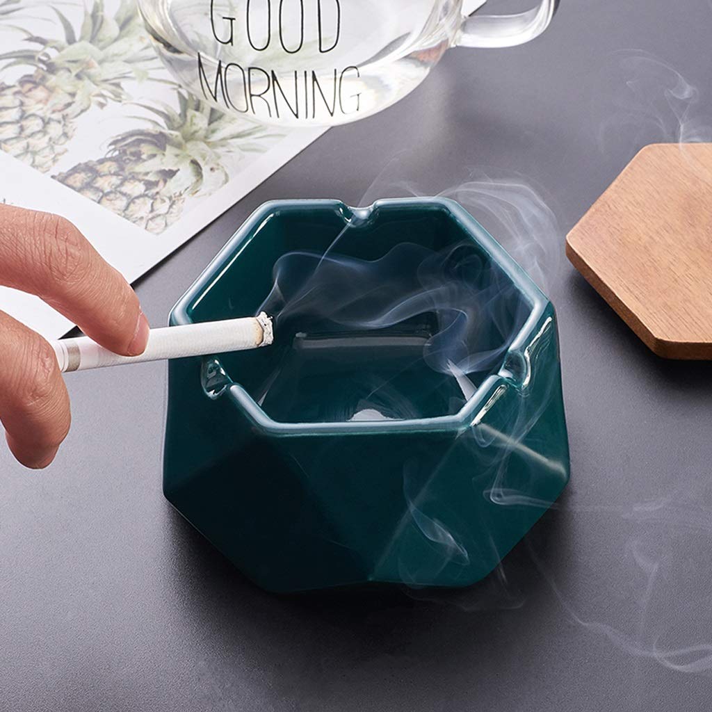 Posacenere Geometrico In Ceramica Anjing Con Coperchio In Bambù – Antivento – 3 Posti Per Sigarette – Uso Interno/Esterno – Nero - 2