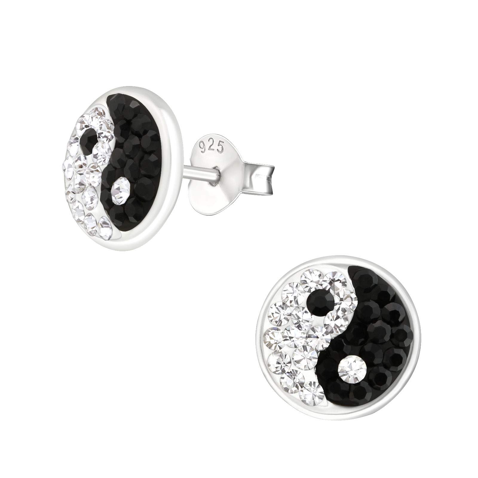Orecchini A Pressione Laimons In Argento 925 Con Zircone, Design Disco Ying Yang, Diametro 7 Mm