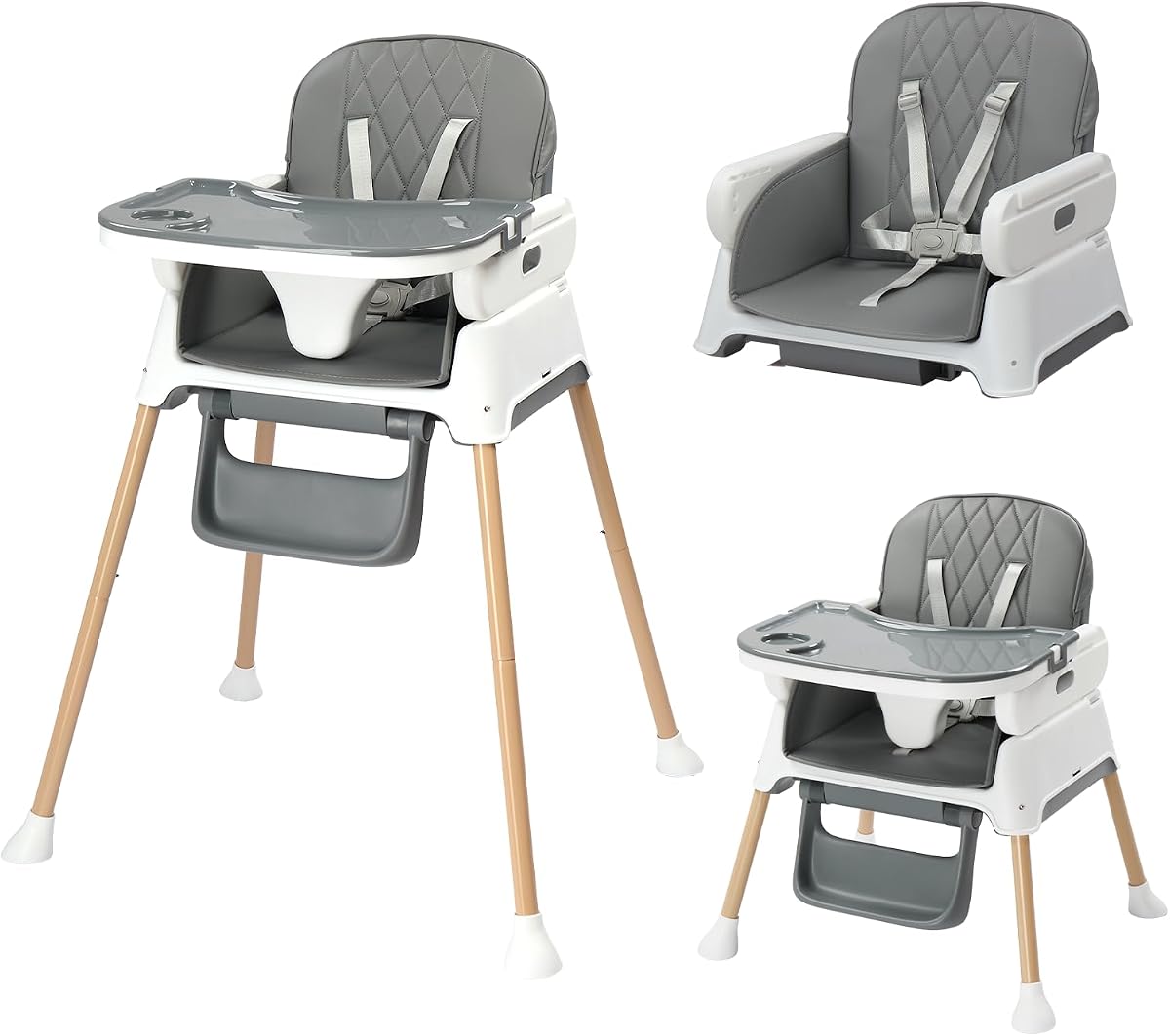 5 in 1 Baby High Chair for Babies and Toddlers, Portable Highchair Fold Compact, ConvertibleBaby Feeding Chair Booster for Eating with Detachable Double Tray, 5 Point Harness (Gray)