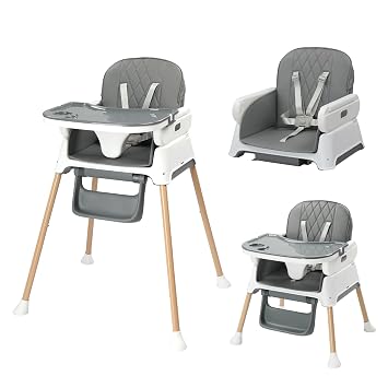 JOYMOR 5 in 1 Baby High Chair for Babies and Toddlers, Portable Highchair Fold Compact, ConvertibleBaby Feeding Chair Booster for Eating with Detachable Double Tray, 5 Point Harness Gray