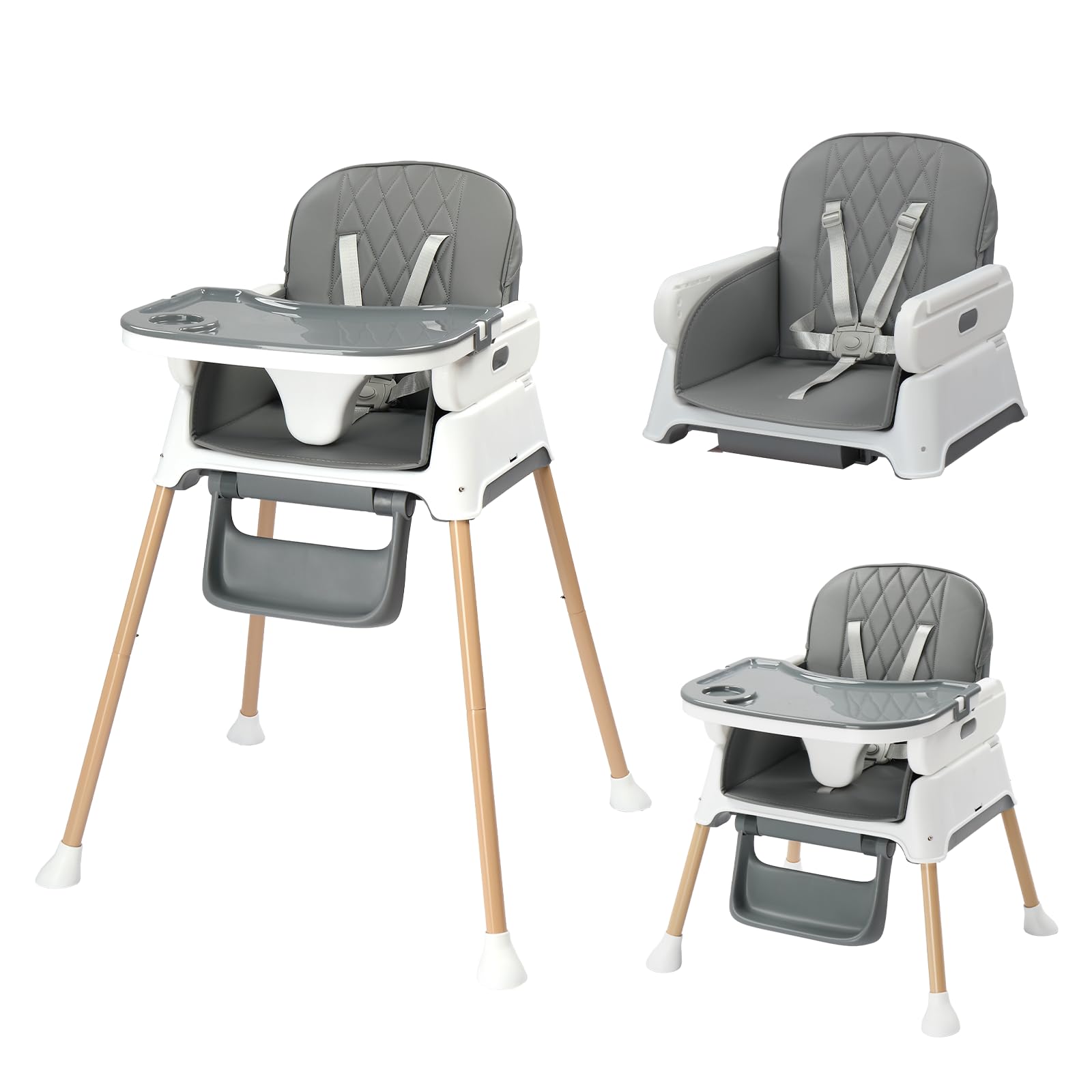 Bonnlo 4-in-1 Foldable Baby High Chair, Adjustable Height with Detachable Tray, 5-Point Safety Harness, Highchair for Toddlers 6 to 36 Months, Grey