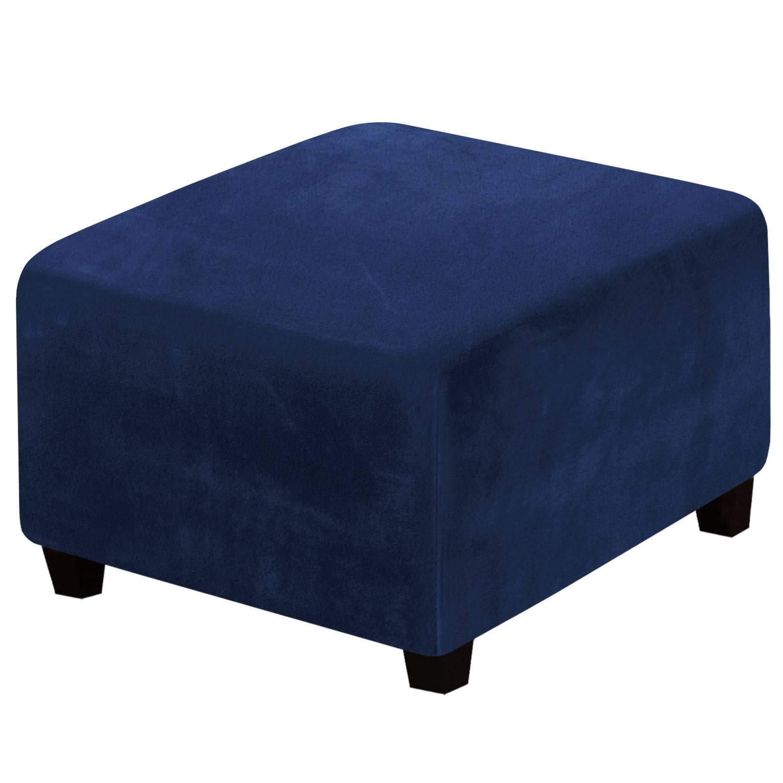 Stretch Ottoman Cover, Square Velvet Ottoman Slipcover Elastic Footstool Protector Foldable Folding Storage Stool Furniture Protector Machine Washable for Kids Pets-Navy-Square