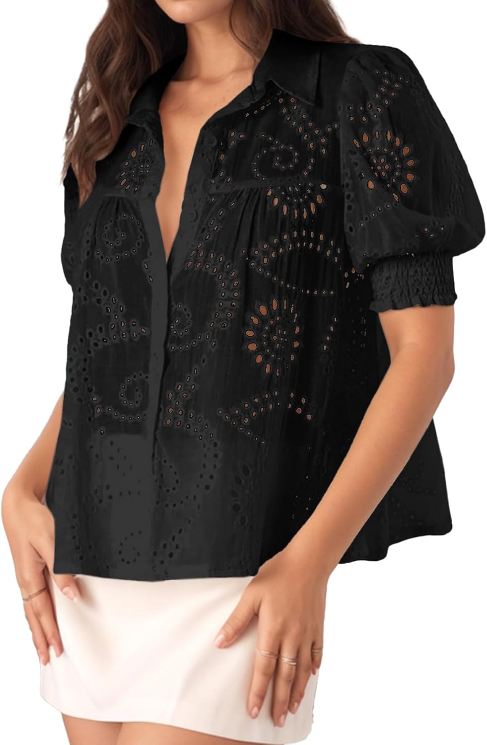 Jenbou Women's Summer Tops V Neck Short Sleeve Buttons Hollow Out Eyelet Embroidered Dressy Casual Blouses Shirts