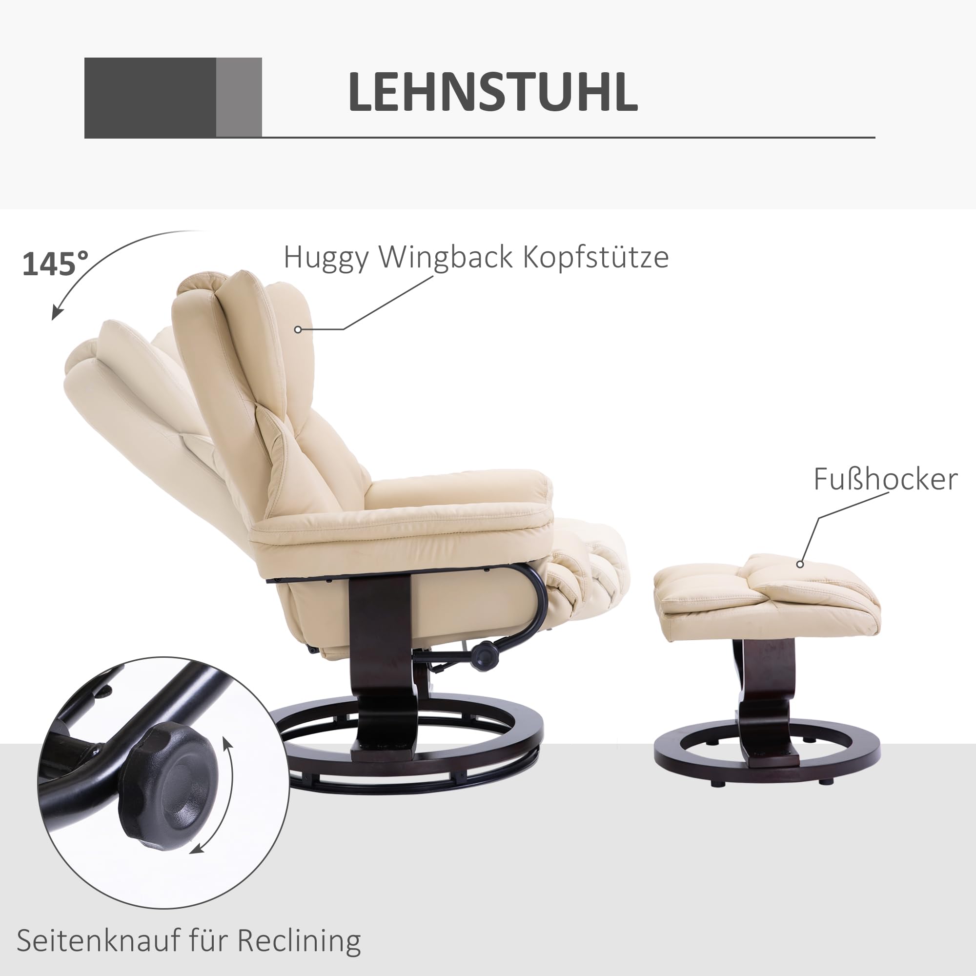 HOMCOM Relaxsessel mit Hocker, 360° drehbarer Fernsehsessel mit Liegefunktion, Hoher Rückenlehne, Armlehnen, Holzfuß Bequem Liegesessel TV Sessel bis 160 kg für Wohnzimmer, Kunstleder, Cremeweiß