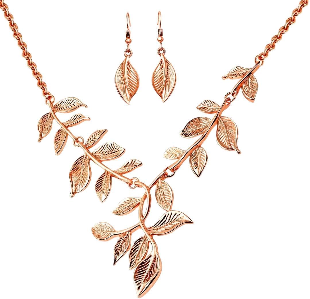 ION Plated Gold Necklace Set - Gold Leaf Necklace and Earrings Set - Floral Flower Costume Jewelry for Women Wedding Birthday - Anniversary Christmas Gifts for Women - 22 Inches