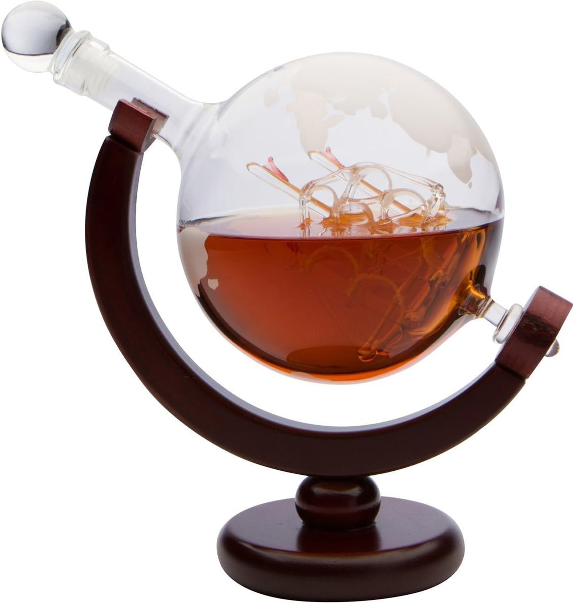 Monterey Crystal 850ml Etched Globe Whiskey Decanter with Antique Ship and Dark Finished Wood Stand