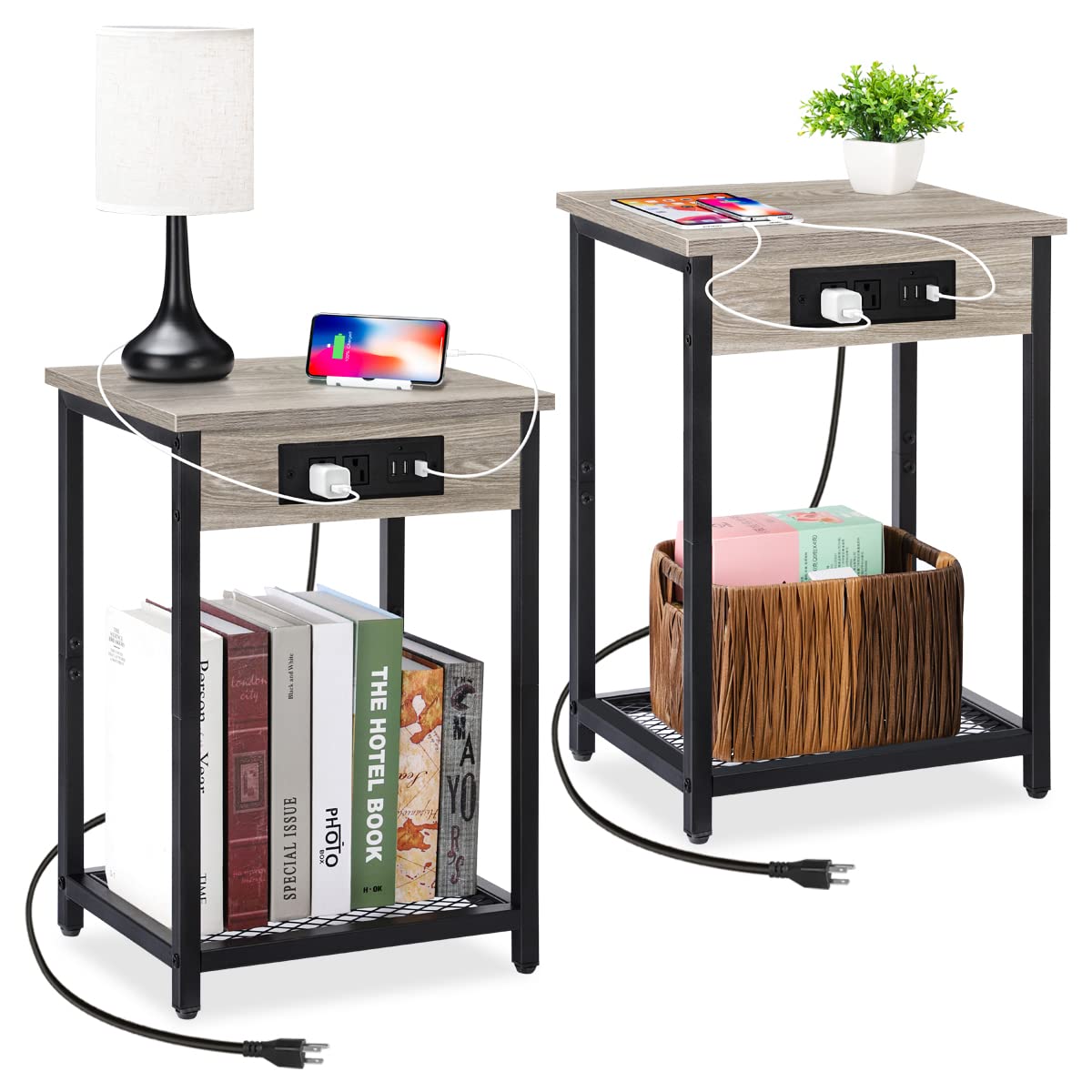 Nightstands Set of 2, End Table with Charging Station & USB Ports, 2 Tier Narrow Side Tables Bedroom with Storage Shelf, Bedside Tables for Bedroom, Living Room, Sofa Couch, Gray
