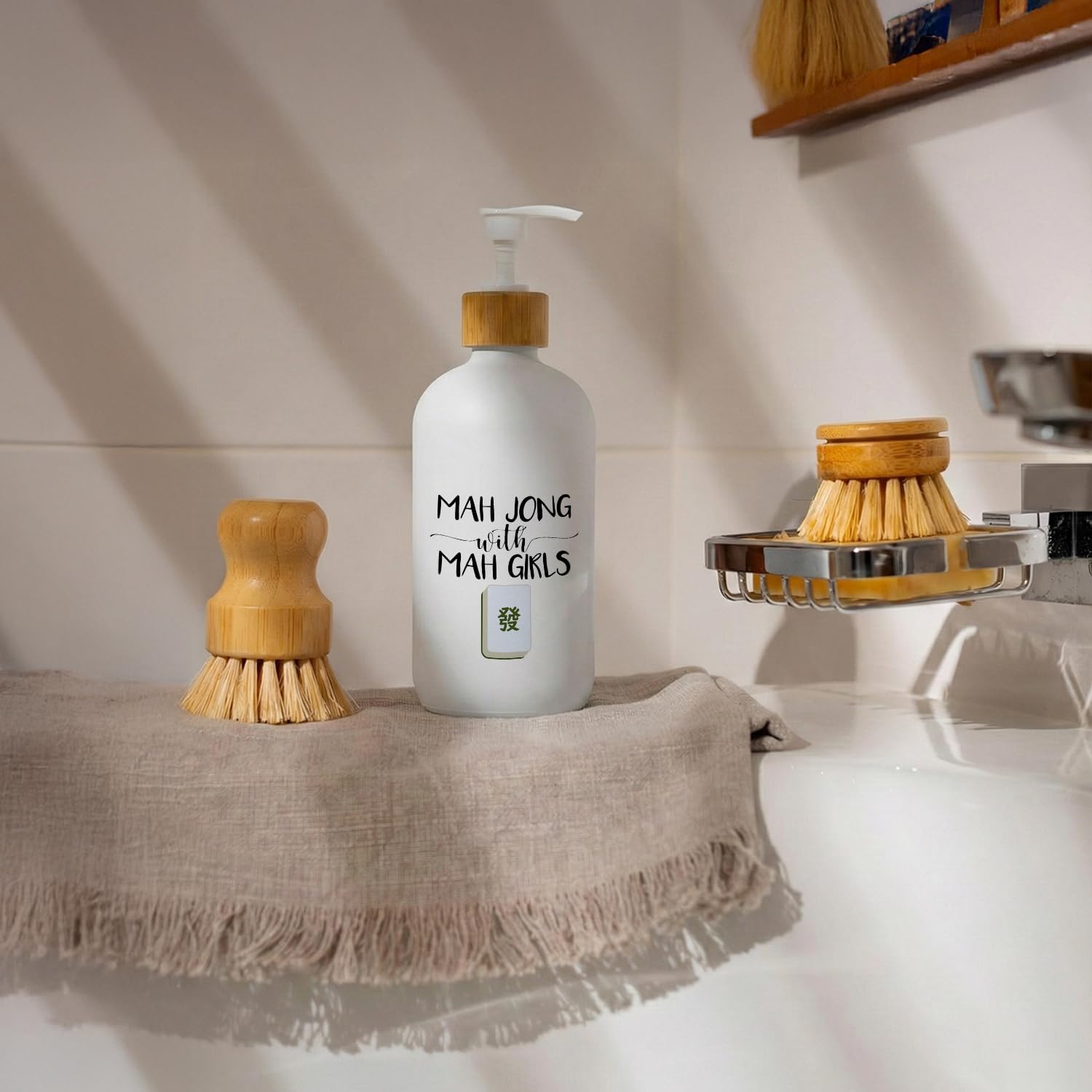 Mahjong Gifts Soap Dispenser, Mah Jong with Mah Girls Glass Dish Soap Dispenser with Pump for Kitchen, Mahjong Bathroom Countertop Handsoap Liquid Refillable Container - Image 3