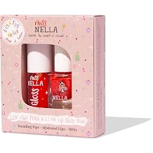 MISS NELLA Fairy Kiss Lips & Tips duo- Scented Lip Gloss + Glitter Nail Polish for Kids with Peel-off, Water Based & Odour Free Formula