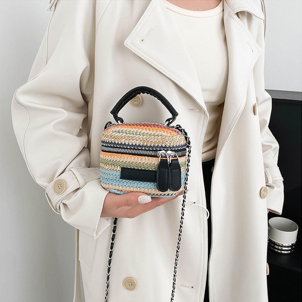 Women's Colorful Straw Crossbody Bag with Chain Strap Stylish Versatile Handbags