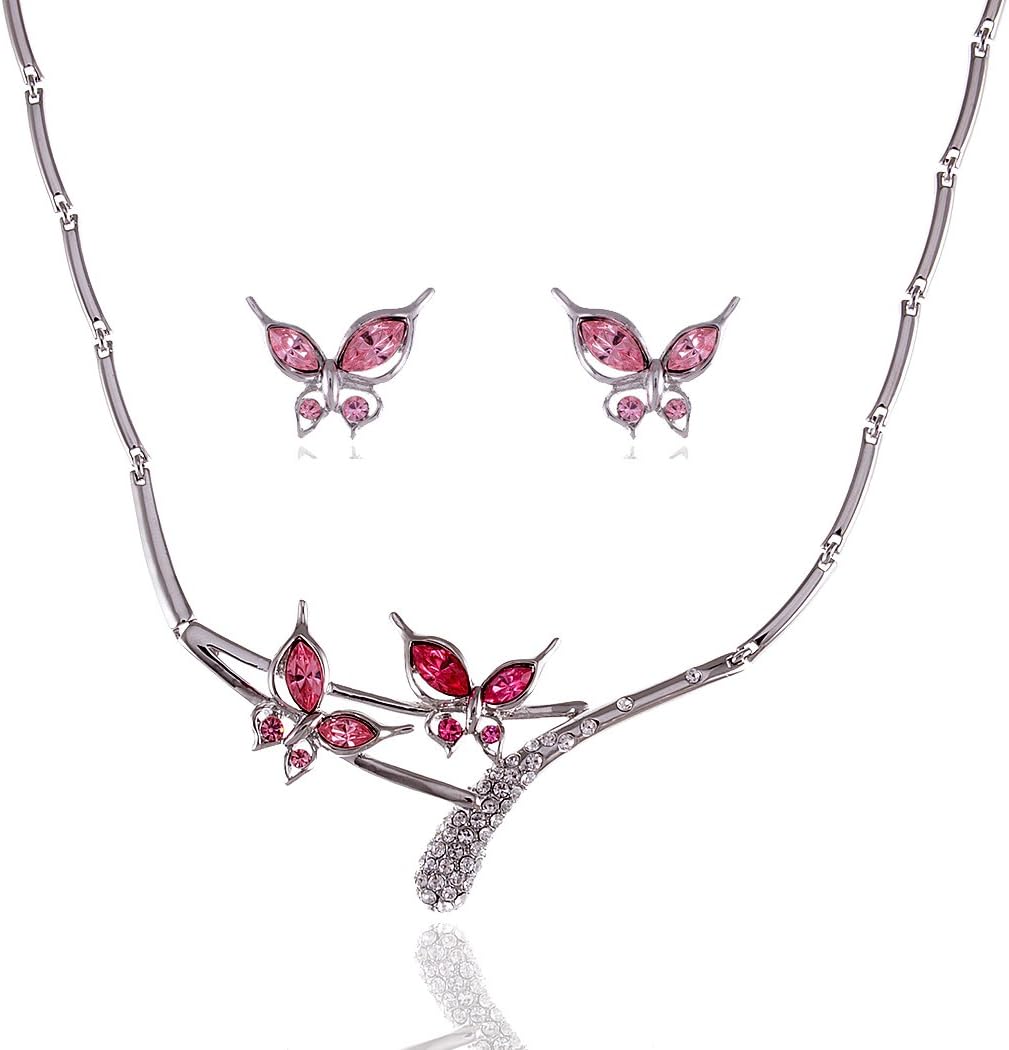 Alilang Pink Rose Butterfly Love Duo Crystal Rhinestone Necklace Earring Set