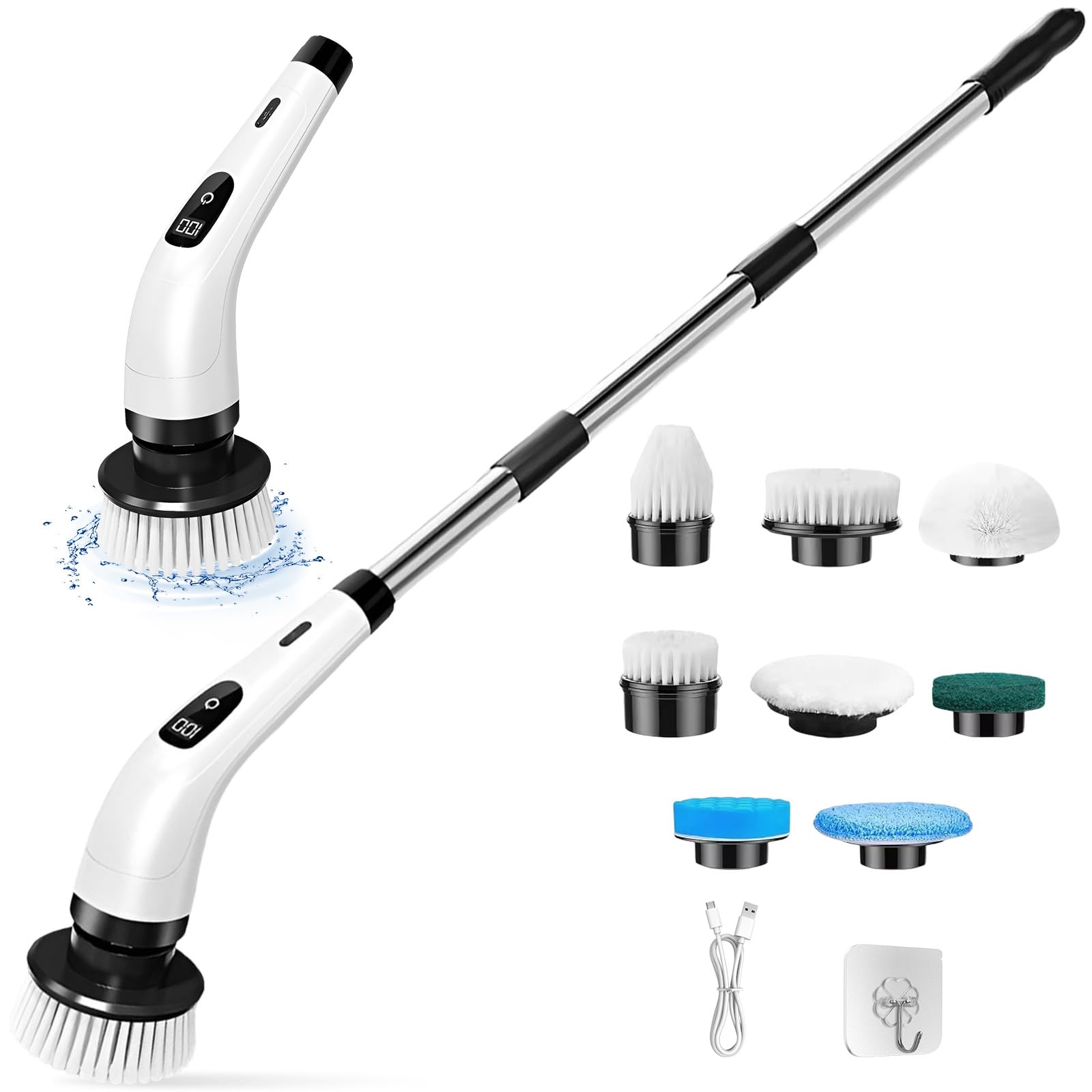 Brosse Rotative Nettoyage Electrique avec 8 Têtes Remplaçables, Brosse sans Fil Poignée Réglable 2 Vitesses, Brosse Douche pour Salle Bain, Sol, Cuisine, Carrelage, Baignoire, Voiture (Blanc)